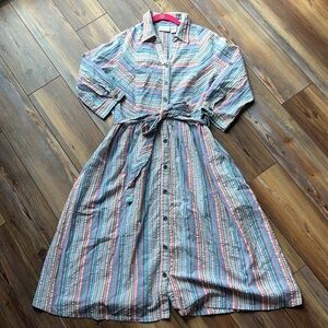 The Vermont Country Store Medium Pastel Striped Seer Sucker 3/4 Sleeve Dress